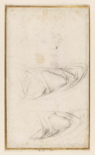 Head of a Young Man (Study for the Apostle Thomas in the Oddi Altarpiece) (recto); Two Drapery Studies; Thumbnail Sketch of a Soldier on Horseback (verso), Raphael (Raffaello Sanzio or Santi) (Italian, Urbino 1483–1520 Rome), Leadpoint (recto and verso) on paper