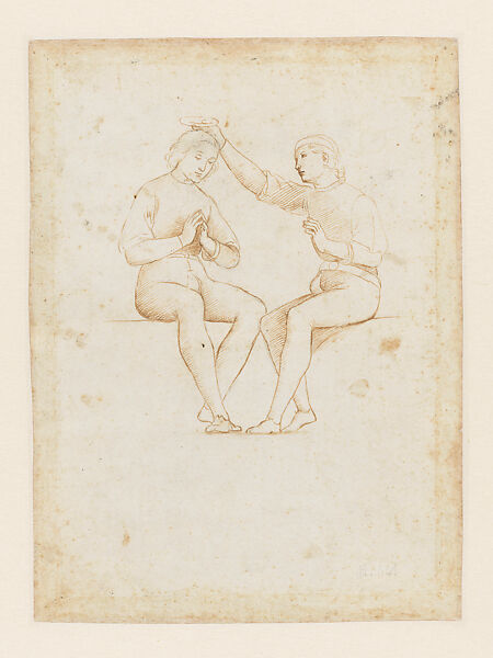 Head and Hands of a Young Man (Study for the Apostle Thomas in the Oddi Altarpiece) (recto; by Raphael); Study of Two Seated Young Men for the Same Altarpiece (verso; by the workshop), Raphael (Raffaello Sanzio or Santi) (Italian, Urbino 1483–1520 Rome), Leadpoint on paper prepared pale gray (recto); pen and brown ink, over black chalk, and traces of stylus underdrawing (verso)
