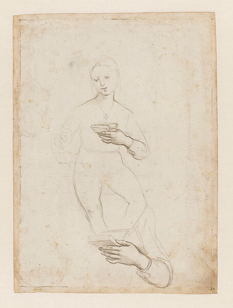 Workshop Assistant Posing for Studies of the Seated Virgin, Marginal Sketches (The Norton Simon Madonna) (recto; by Raphael); Two Archers (verso; by workshop of Raphael), Raphael (Raffaello Sanzio or Santi)  Italian, Two hues of metalpoint, over preliminary stylus underdrawing and construction (recto), pen and brown ink, over preliminary stylus underdrawing (verso), on paper