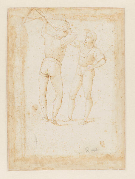Workshop Assistant Posing for Studies of the Seated Virgin, Marginal Sketches (The Norton Simon Madonna) (recto; by Raphael); Two Archers (verso; by workshop of Raphael), Raphael (Raffaello Sanzio or Santi) (Italian, Urbino 1483–1520 Rome), Two hues of metalpoint, over preliminary stylus underdrawing and construction (recto), pen and brown ink, over preliminary stylus underdrawing (verso), on paper