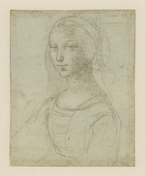Portrait of Young Woman in Three-Quarter View, Inspired by Leonardo’s Mona Lisa, Raphael (Raffaello Sanzio or Santi)  Italian, Two types of metalpoint on paper prepared greenish gray