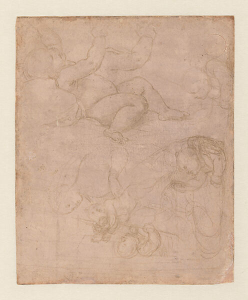 Figural Studies for a Composition of the Virgin and Child with the Infant Saint John the Baptist (Sheet from the “Pink Sketchbook”), Raphael (Raffaello Sanzio or Santi)  Italian, Metalpoint on paper prepared pink