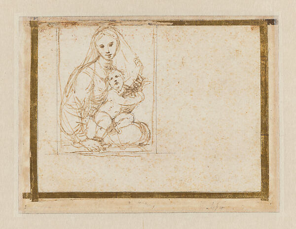 Studies for the Virgin and Child; Architectural Studies (recto); The Virgin and Child (verso) (Sheet from the “Pink Sketchbook”), Raphael (Raffaello Sanzio or Santi) (Italian, Urbino 1483–1520 Rome), Two types of metalpoint on paper prepared pink (recto); pen and brown ink, framing outline in leadpoint by the artist, on unprepared, off-white paper (verso)