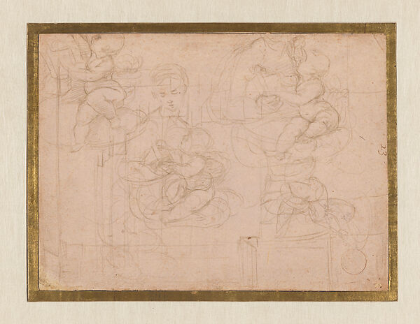 Studies for the Virgin and Child; Architectural Studies (recto); The Virgin and Child (verso) (Sheet from the “Pink Sketchbook”), Raphael (Raffaello Sanzio or Santi)  Italian, Two types of metalpoint on paper prepared pink (recto); pen and brown ink, framing outline in leadpoint by the artist, on unprepared, off-white paper (verso)