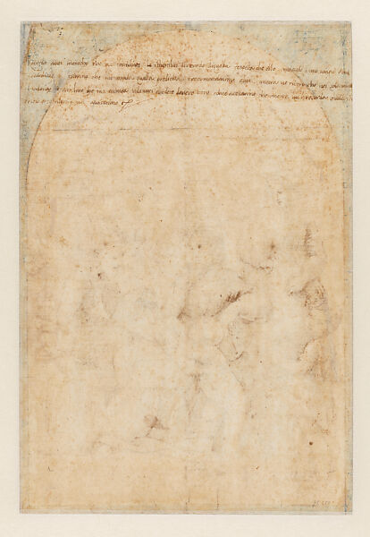 Composition Study for the Holy Family with Saints and a Pomegranate (recto); Letter to Domenico Alfani (verso), Raphael (Raffaello Sanzio or Santi) (Italian, Urbino 1483–1520 Rome), Pen and brown ink, over leadpoint underdrawing, squared in red chalk; upper portion of the sheet outlined like an arch with the field colored in blue gouache (recto); pen and brown ink (verso), on paper