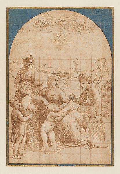Composition Study for the Holy Family with Saints and a Pomegranate (recto); Letter to Domenico Alfani (verso), Raphael (Raffaello Sanzio or Santi)  Italian, Pen and brown ink, over leadpoint underdrawing, squared in red chalk; upper portion of the sheet outlined like an arch with the field colored in blue gouache (recto); pen and brown ink (verso), on paper