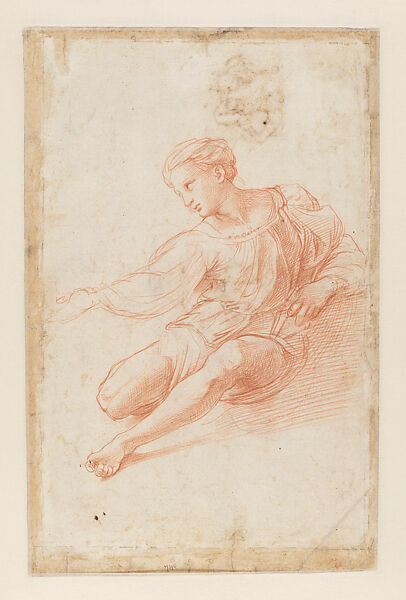 Composition Study for the Alba Madonna; Two Sketches of the Virgin and Child for the Tempi Madonna; Façade and Plan of a Building; Sketch of a Recumbent Child (recto); Study of a Male Model Posing for the Virgin in the Alba Madonna (verso), Raphael (Raffaello Sanzio or Santi)  Italian, Red chalk, pen and brown ink, over preliminary stylus underdrawing, stylus-incised compass work (recto); red chalk, over preliminary stylus underdrawing (verso), on paper