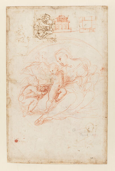 Composition Study for the Alba Madonna; Two Sketches of the Virgin and Child for the Tempi Madonna; Façade and Plan of a Building; Sketch of a Recumbent Child (recto); Study of a Male Model Posing for the Virgin in the Alba Madonna (verso), Raphael (Raffaello Sanzio or Santi) (Italian, Urbino 1483–1520 Rome), Red chalk, pen and brown ink, over preliminary stylus underdrawing, stylus-incised compass work (recto); red chalk, over preliminary stylus underdrawing (verso), on paper