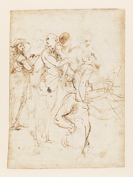 Sketches for Bearded Man and Youth for the Disputa and the School of Athens, Stanza della Segnatura (recto); Figure Studies (verso), Raphael (Raffaello Sanzio or Santi) (Italian, Urbino 1483–1520 Rome), Pen and brown ink, over preliminary stylus underdrawing (recto); pen and brown ink (verso), on paper partially squared in leadpoint