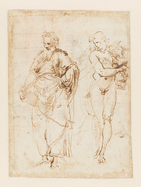 Sketches for Bearded Man and Youth for the Disputa and the School of Athens, Stanza della Segnatura (recto); Figure Studies (verso), Raphael (Raffaello Sanzio or Santi)  Italian, Pen and brown ink, over preliminary stylus underdrawing (recto); pen and brown ink (verso), on paper partially squared in leadpoint