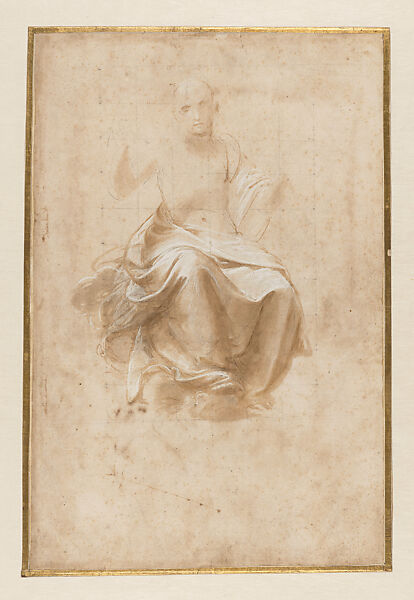 Drapery on a Seated Mannequin or Lay Figure (Study for Christ in the Disputa, Stanza della Segnatura) (recto); Two Male Figures (Studies for the Seated Saints at Right in the Disputa) (verso), Raphael (Raffaello Sanzio or Santi)  Italian, Brush and brown wash, highlighted with white gouache, over leadpoint and stylus underdrawing, with a construction of numerous overlapping circles incised with the compass, figure squared in leadpoint or black chalk (recto); pen and brown ink, over leadpoint underdrawing, framing outlines in leadpoint (verso), on paper