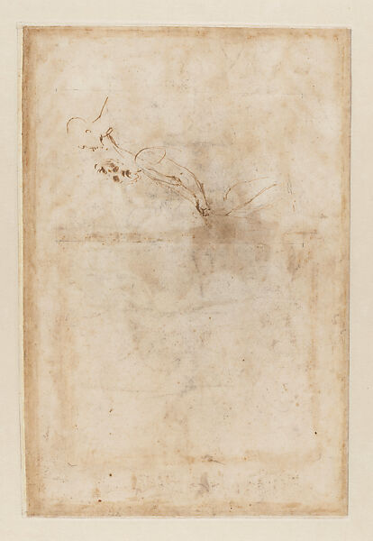Drapery on a Seated Mannequin or Lay Figure (Study for Christ in the Disputa, Stanza della Segnatura) (recto); Two Male Figures (Studies for the Seated Saints at Right in the Disputa) (verso), Raphael (Raffaello Sanzio or Santi) (Italian, Urbino 1483–1520 Rome), Brush and brown wash, highlighted with white gouache, over leadpoint and stylus underdrawing, with a construction of numerous overlapping circles incised with the compass, figure squared in leadpoint or black chalk (recto); pen and brown ink, over leadpoint underdrawing, framing outlines in leadpoint (verso), on paper