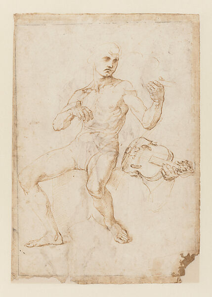 Seated Male Model in Frontal View and a Lyre (Study for Apollo in the Parnassus, Stanza della Segnatura) (recto); Two Drapery Studies (verso), Raphael (Raffaello Sanzio or Santi)  Italian, Pen and brown ink (recto and verso), on paper