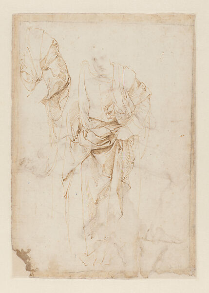 Seated Male Model in Frontal View and a Lyre (Study for Apollo in the Parnassus, Stanza della Segnatura) (recto); Two Drapery Studies (verso), Raphael (Raffaello Sanzio or Santi) (Italian, Urbino 1483–1520 Rome), Pen and brown ink (recto and verso), on paper