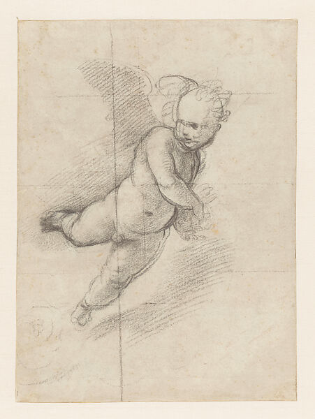 Study of Flying Infant Angel with Body Turning to the Right, Raphael (Raffaello Sanzio or Santi)  Italian, Black chalk, over preliminary stylus underdrawing, squared in black chalk, on paper