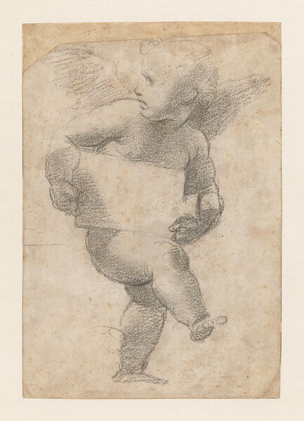 Study of a Flying Infant Angel Holding a Tablet (Figure to the Right of Theology in the vault of the Stanza della Segnatura) (recto); Sketch of a Standing Figure (verso), Raphael (Raffaello Sanzio or Santi)  Italian, Grayish black chalk over traces of stylus underdrawing, incised compass arcs (recto); black chalk (verso), on paper