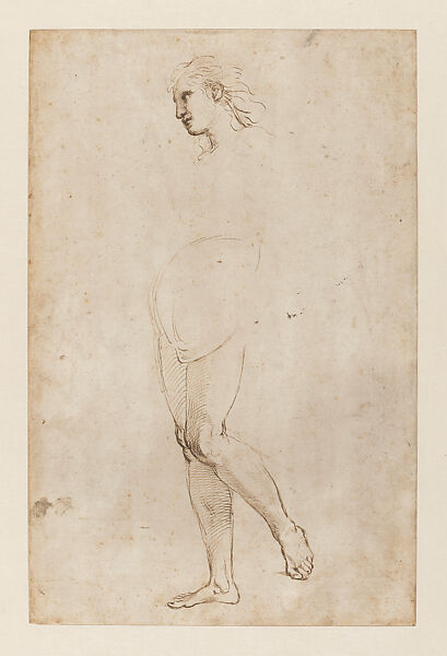 Standing Youth in Three-Quarter View, Facing Left (Study for the Bronze Tondo Relief of Christ’s Descent into Limbo, Chigi Chapel, Santa Maria della Pace), Raphael (Raffaello Sanzio or Santi)  Italian, Pen and brown ink over leadpoint and stylus underdrawing on paper