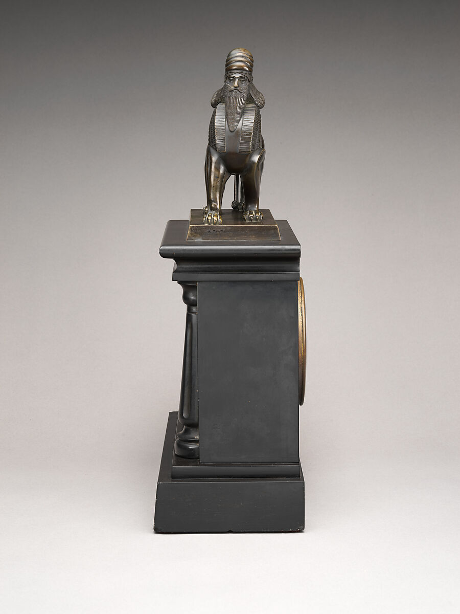 Clock with human-headed winged lion, Bronze, black marble, French