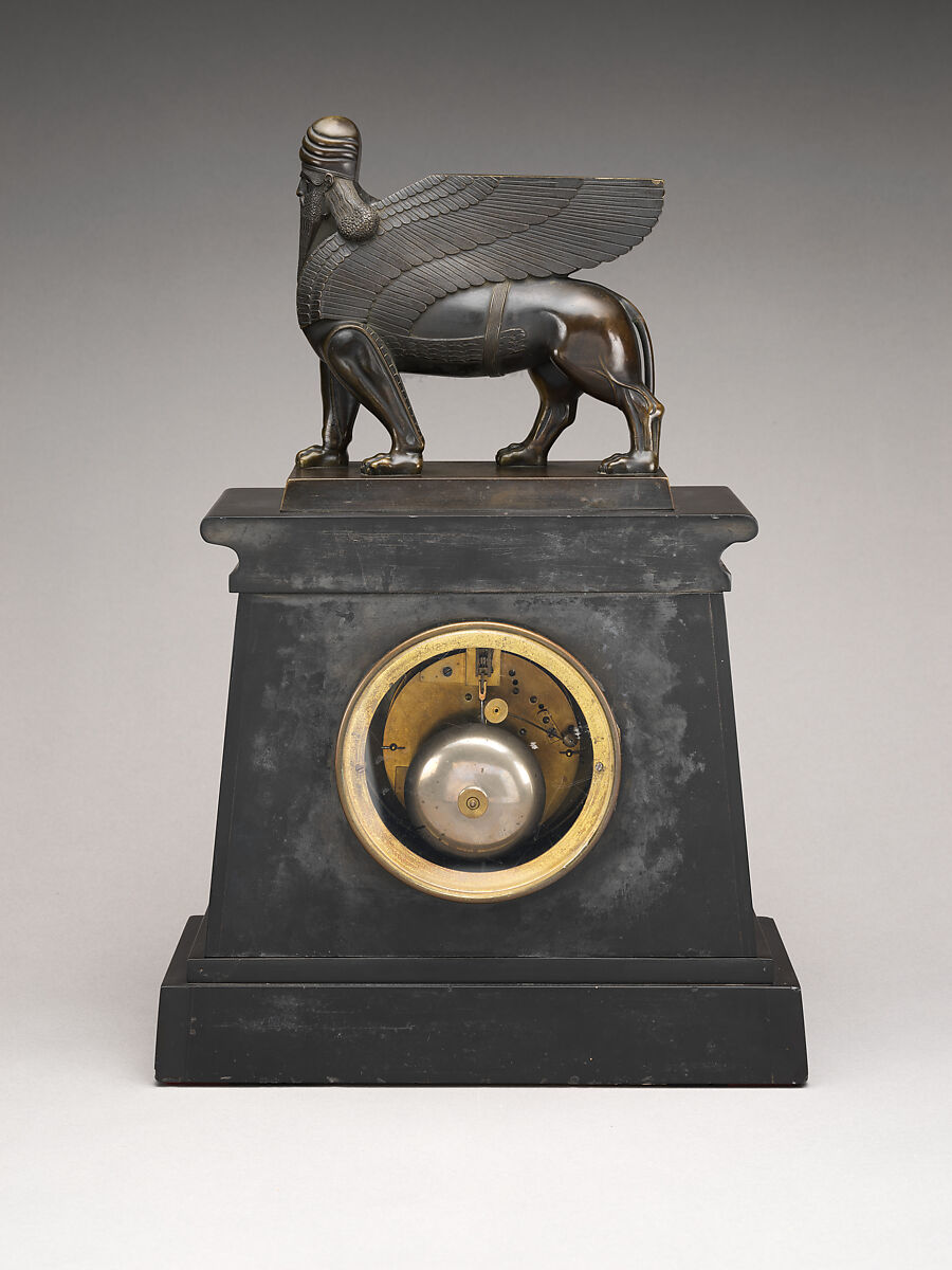 Clock with human-headed winged lion, Bronze, black marble, French