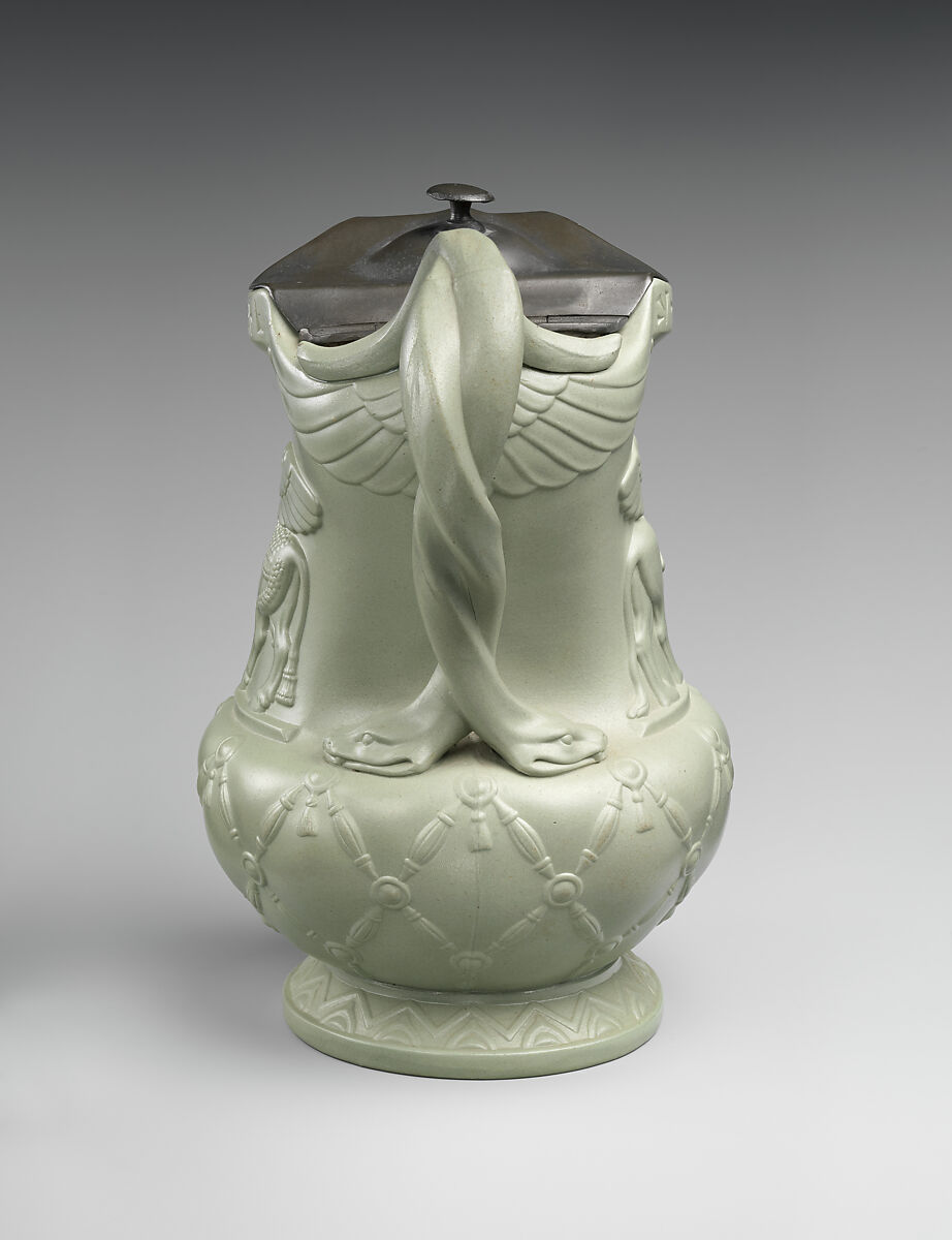 Jug with Assyrian-inspired decoration, Stoneware, pewter, British