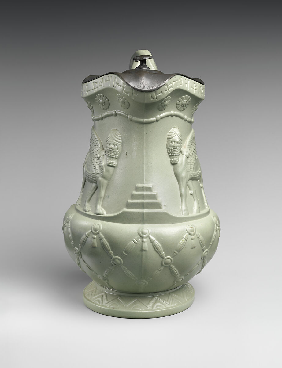 Jug with Assyrian-inspired decoration, Stoneware, pewter, British