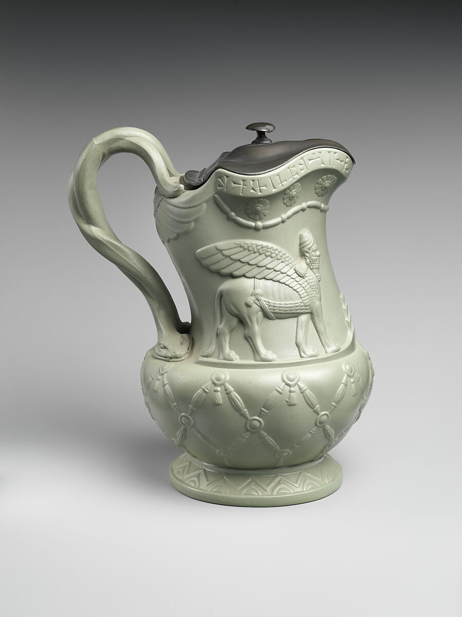 Jug with Assyrian-inspired decoration, Stoneware, pewter, British