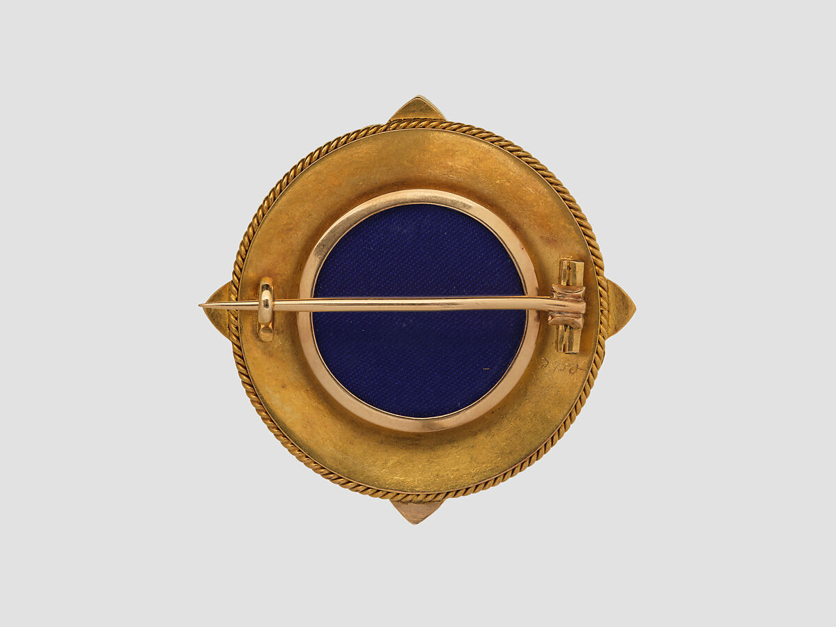 Brooch with Assyrian human-headed winged bull, Gold, glass, British