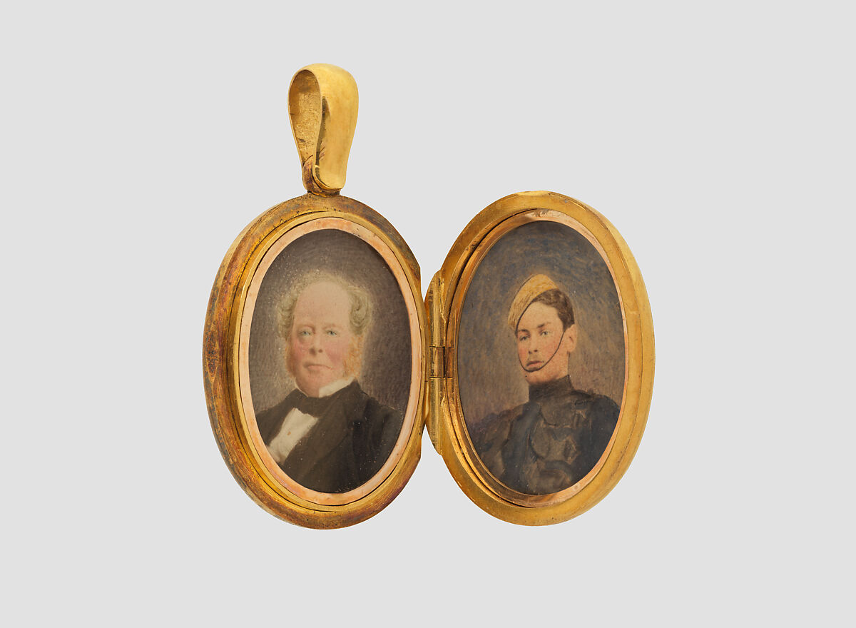 Locket with Assyrian winged protective figure, Gold, glass, paper, British