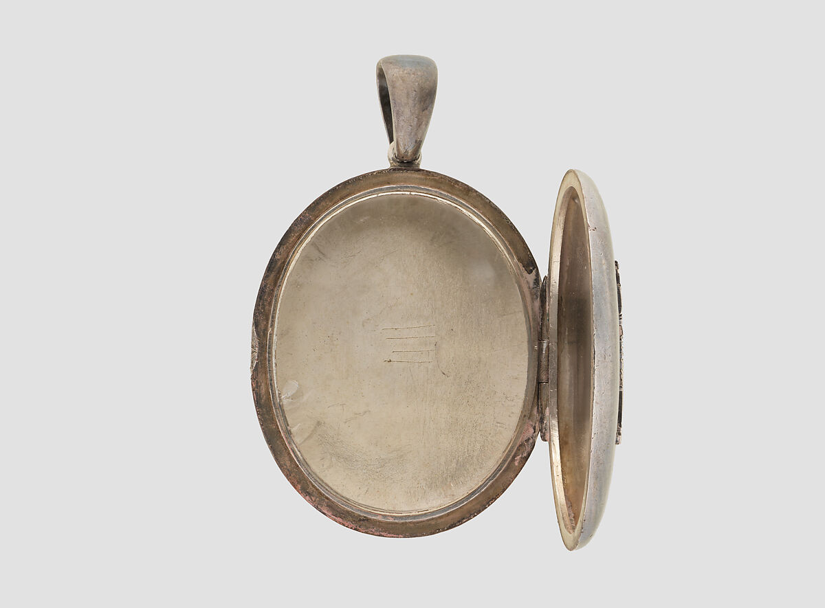 Locket with Assyrian human-headed winged lion, Silver, glass, British