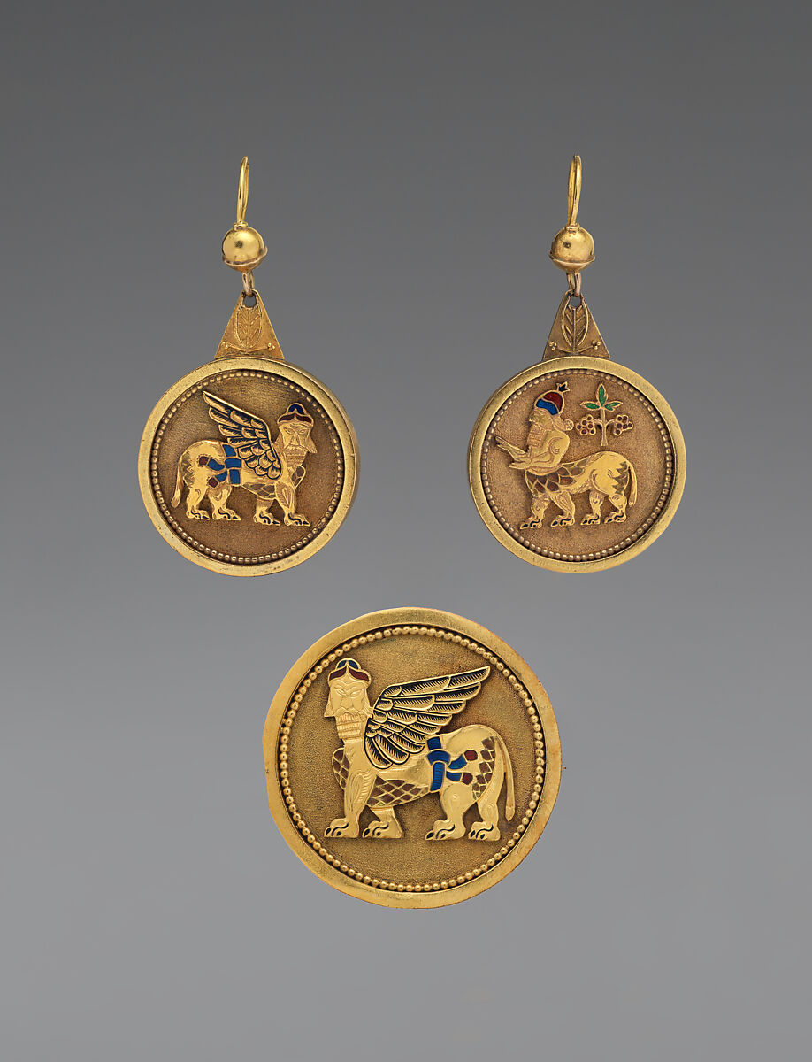 Brooch with Assyrian human-headed winged lion, Gold, enamel, British