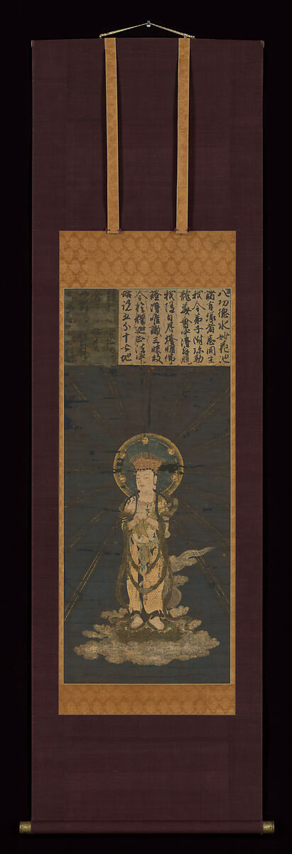 Miroku Bosatsu (Bodhisattva Maitreya) in Welcoming Descent, Painting by Unidentified artist, Hanging scroll; ink, color, gold, cut gold leaf (kirikane) on silk, Japan