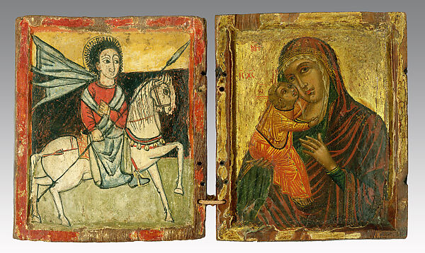 Diptych Icon with St. George and the Virgin Eleousa, Tempera and gold on wood, Ethiopian (Ethiopia)