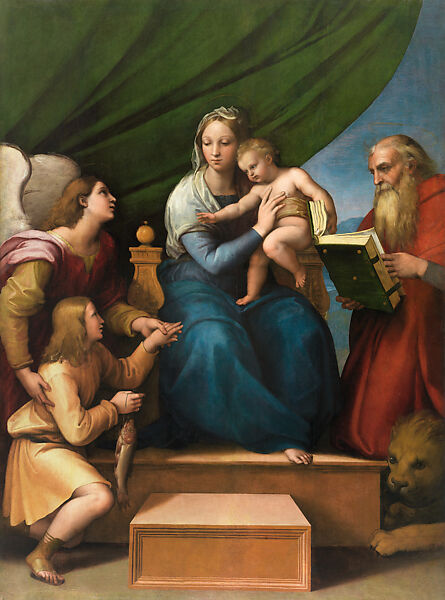 The  Virgin and Child with Raphael, Tobias, and Saint Jerome (The Madonna del Pesce), Raphael (Raffaello Sanzio or Santi)  Italian, Oil on canvas, transferred from wood