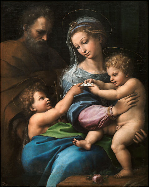 The Holy Family with Infant Saint John the Baptist (The Madonna of the Rose), Raphael (Raffaello Sanzio or Santi)  Italian, Oil on canvas, transferred from wood