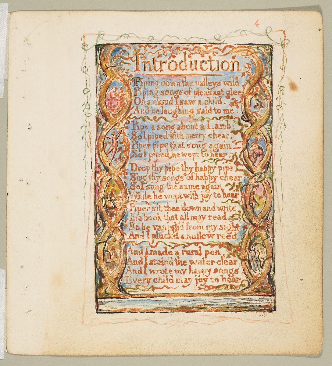 Songs of Innocence and of Experience: Shewing the Two Contrary States of the Human Soul, William Blake (British, London 1757–1827 London), Relief etching printed in orange-brown ink and hand-colored with watercolor, ink and shell gold