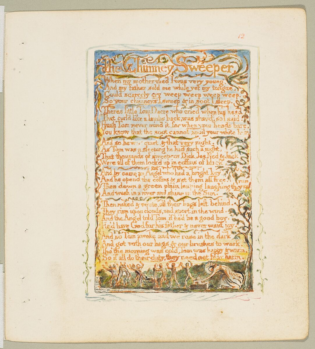 Songs of Innocence and of Experience: Shewing the Two Contrary States of the Human Soul, William Blake (British, London 1757–1827 London), Relief etching printed in orange-brown ink and hand-colored with watercolor, ink and shell gold