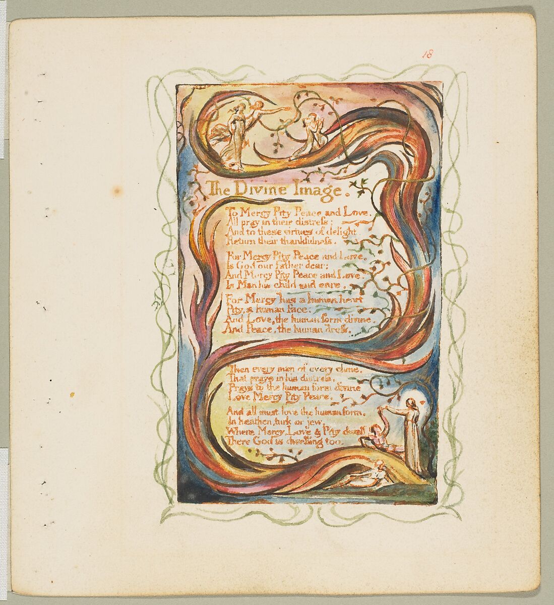 Songs of Innocence and of Experience: Shewing the Two Contrary States of the Human Soul, William Blake (British, London 1757–1827 London), Relief etching printed in orange-brown ink and hand-colored with watercolor, ink and shell gold