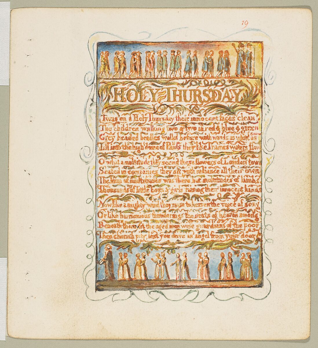 Songs of Innocence and of Experience: Shewing the Two Contrary States of the Human Soul, William Blake (British, London 1757–1827 London), Relief etching printed in orange-brown ink and hand-colored with watercolor, ink and shell gold