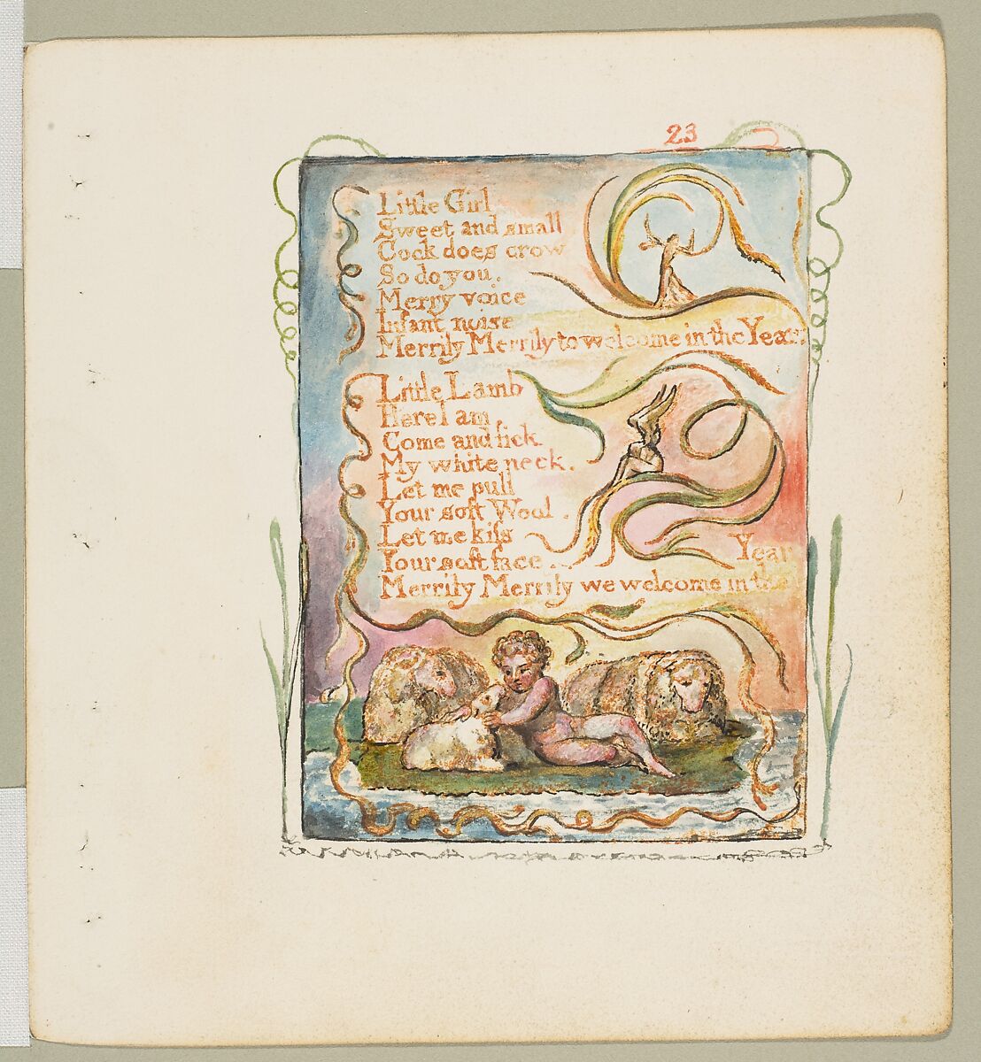Songs of Innocence and of Experience: Shewing the Two Contrary States of the Human Soul, William Blake (British, London 1757–1827 London), Relief etching printed in orange-brown ink and hand-colored with watercolor, ink and shell gold