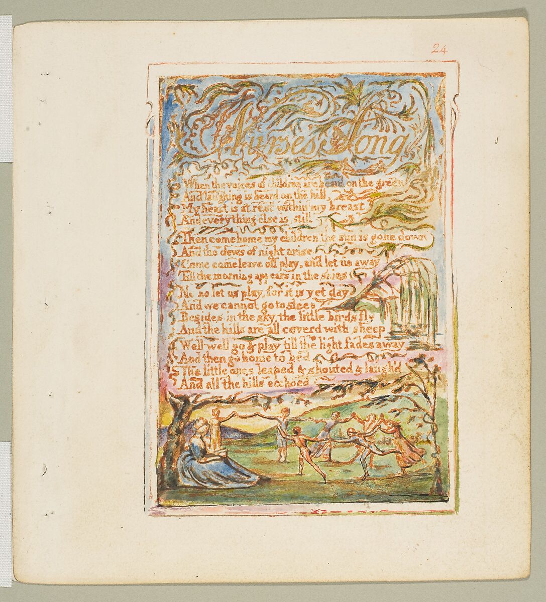 Songs of Innocence and of Experience: Shewing the Two Contrary States of the Human Soul, William Blake (British, London 1757–1827 London), Relief etching printed in orange-brown ink and hand-colored with watercolor, ink and shell gold