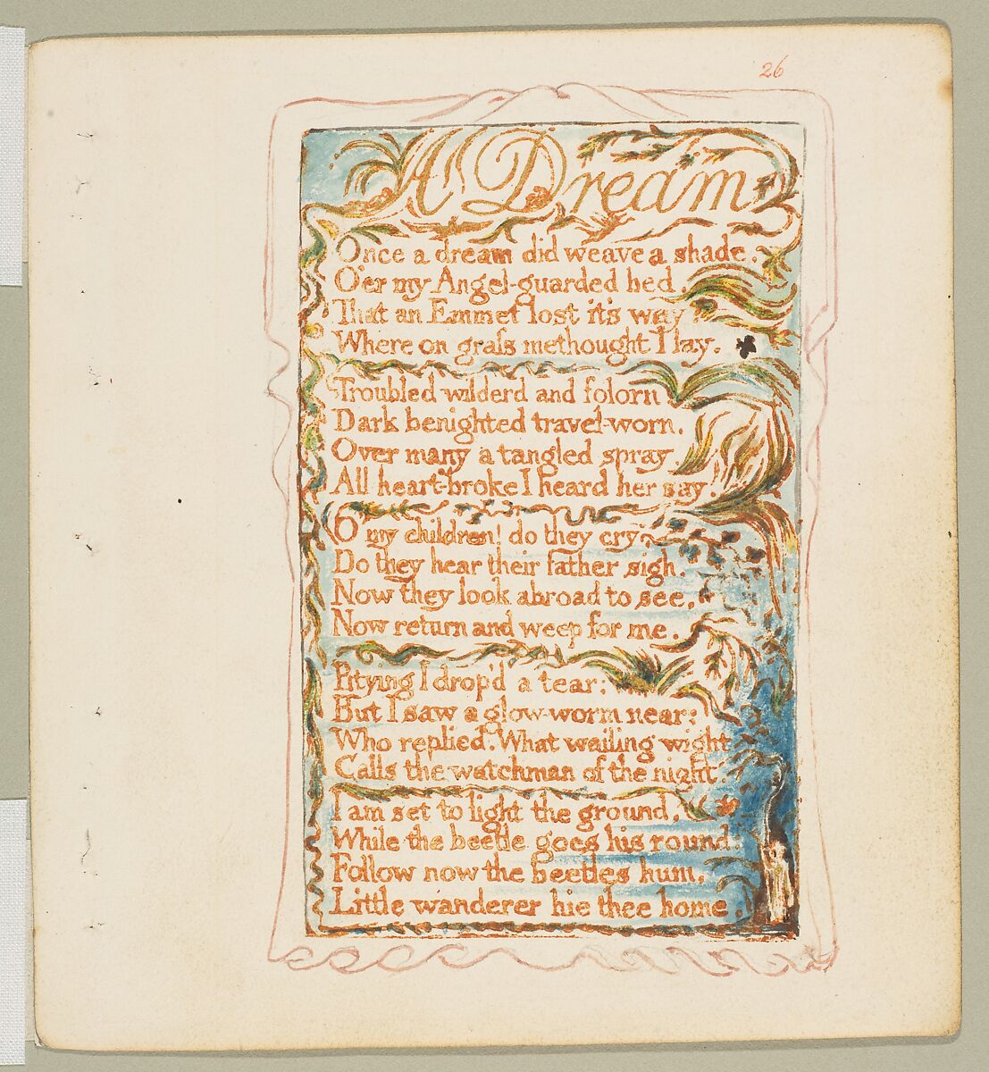 Songs of Innocence and of Experience: Shewing the Two Contrary States of the Human Soul, William Blake (British, London 1757–1827 London), Relief etching printed in orange-brown ink and hand-colored with watercolor, ink and shell gold