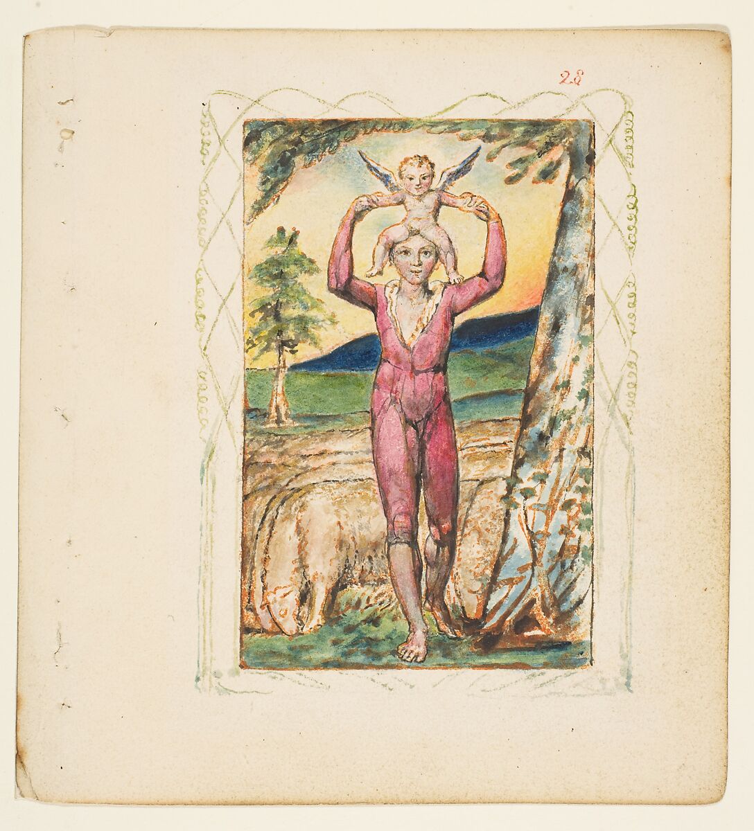 Songs of Innocence and of Experience: Shewing the Two Contrary States of the Human Soul, William Blake (British, London 1757–1827 London), Relief etching printed in orange-brown ink and hand-colored with watercolor, ink and shell gold
