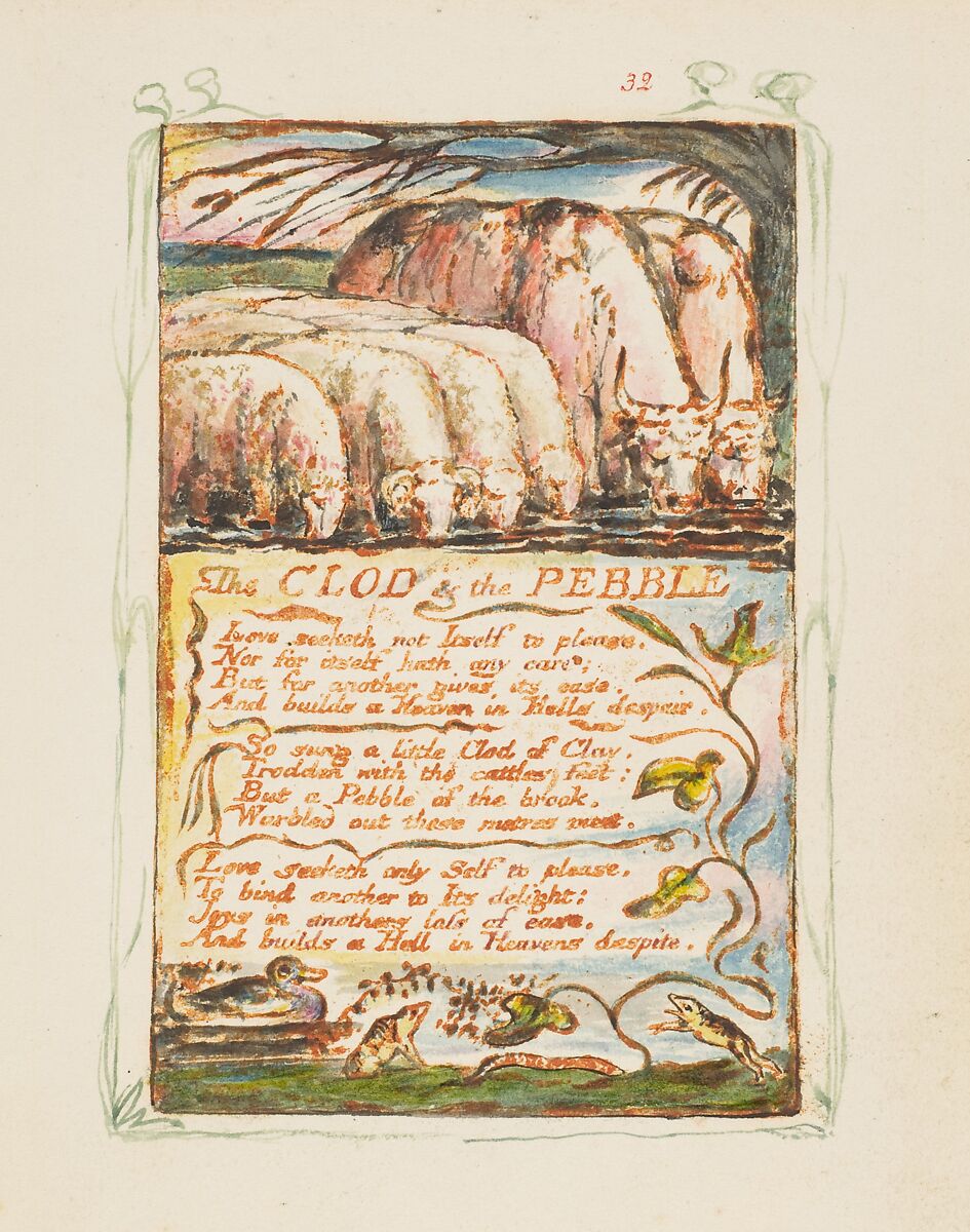Songs of Innocence and of Experience: Shewing the Two Contrary States of the Human Soul, William Blake (British, London 1757–1827 London), Relief etching printed in orange-brown ink and hand-colored with watercolor, ink and shell gold