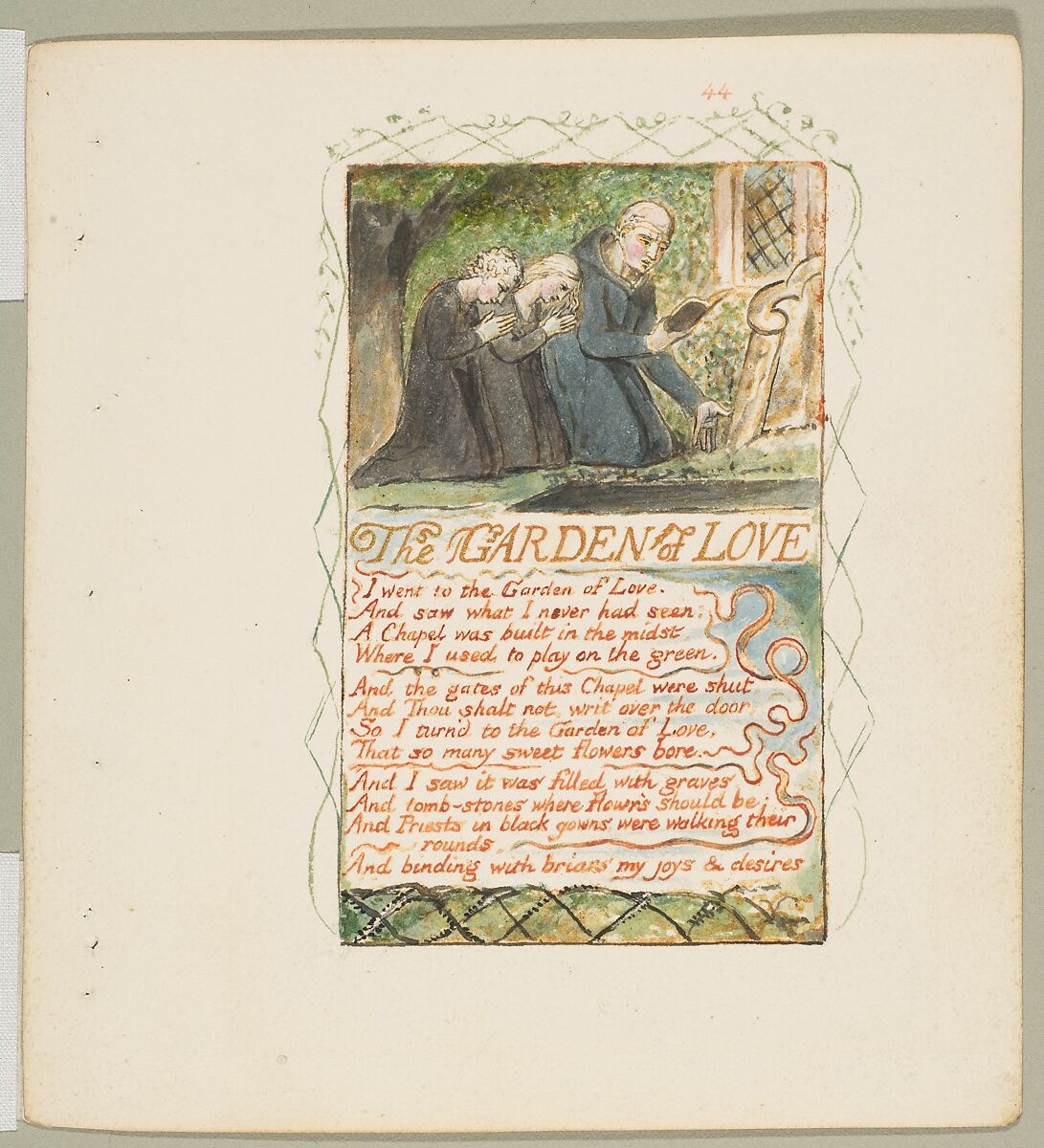 Songs of Innocence and of Experience: Shewing the Two Contrary States of the Human Soul, William Blake (British, London 1757–1827 London), Relief etching printed in orange-brown ink and hand-colored with watercolor, ink and shell gold