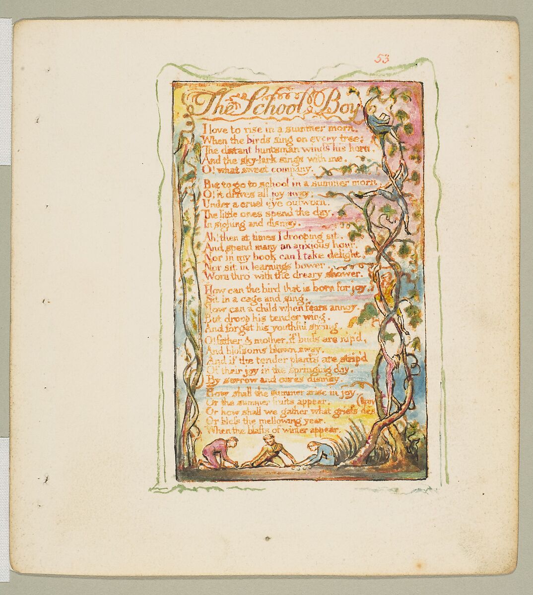 Songs of Innocence and of Experience: Shewing the Two Contrary States of the Human Soul, William Blake (British, London 1757–1827 London), Relief etching printed in orange-brown ink and hand-colored with watercolor, ink and shell gold