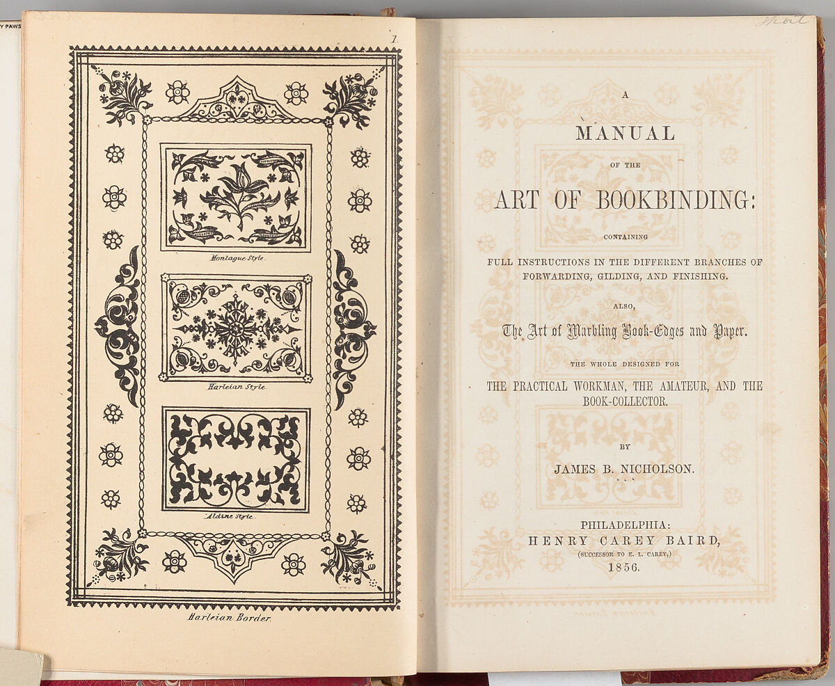 A manual of the art of bookbinding : containing full instructions in the different branches of forwarding, gilding, and finishing : also, the art of marbling book-edges and paper, the whole designed for the practical workman, the amateur, and the book-collector, James Bartram Nicholson