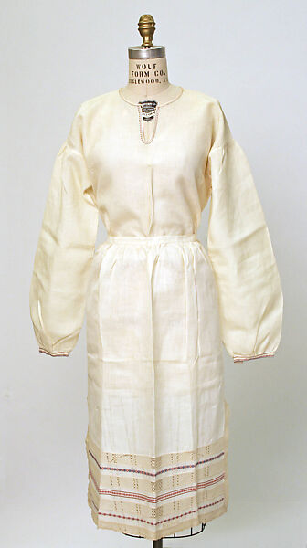 Ensemble, (a) wool
(b, c, e) linen
(d, f) leather, Finnish