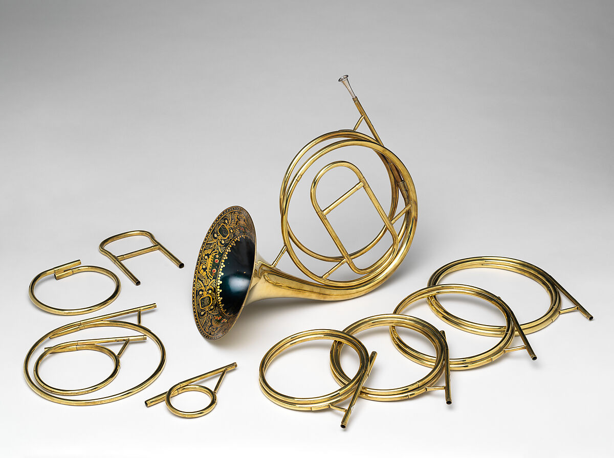 Cor d’orchestre, Courtois Neveu Aine, horn: brass, white metal, polychrome; case: wood, paper, iron, chamois leather, paint, French