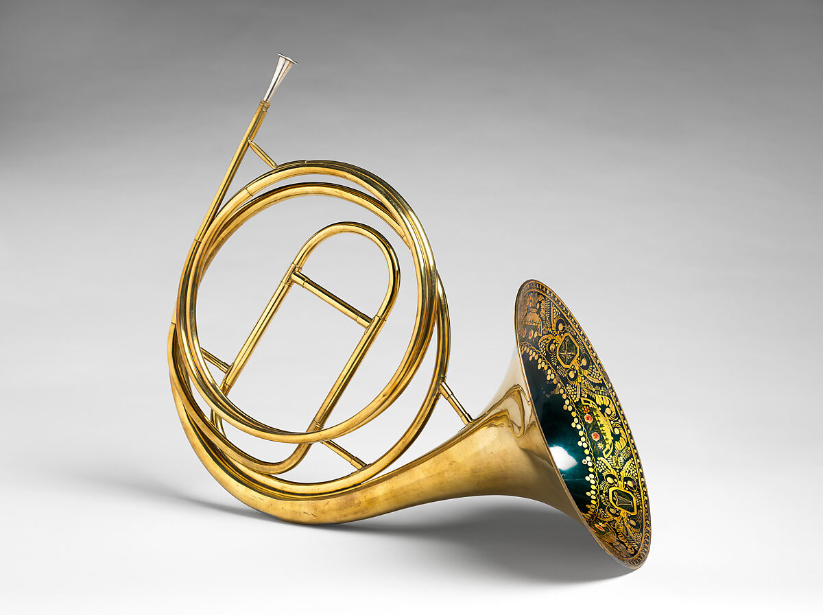 Cor d’orchestre, Courtois Neveu Aine, horn: brass, white metal, polychrome; case: wood, paper, iron, chamois leather, paint, French 