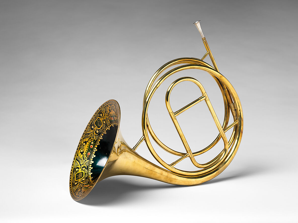 Cor d’orchestre, Courtois Neveu Aine, horn: brass, white metal, polychrome; case: wood, paper, iron, chamois leather, paint, French